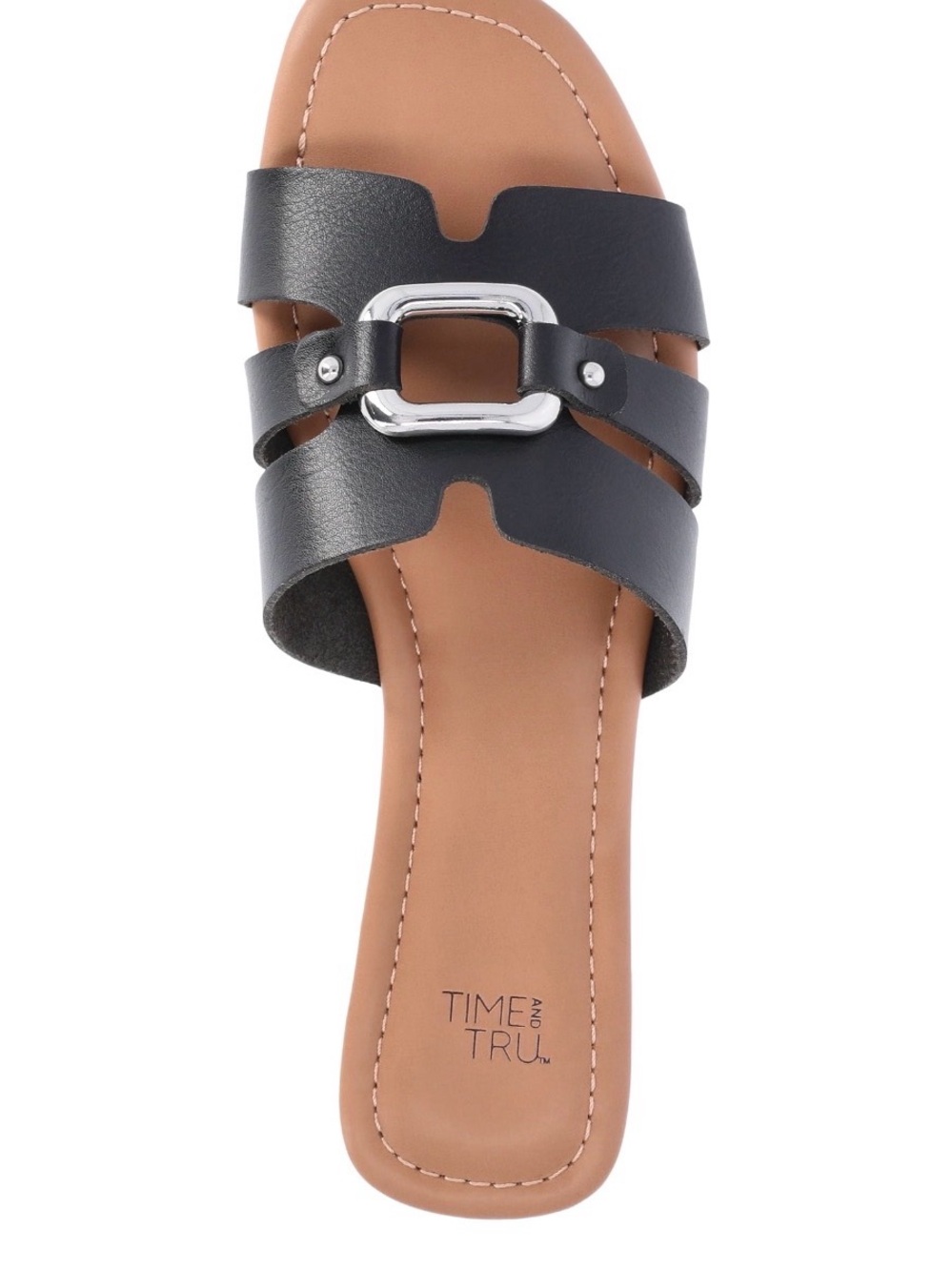 Time and Tru Black Slide Sandal with Silver Accent Buckle